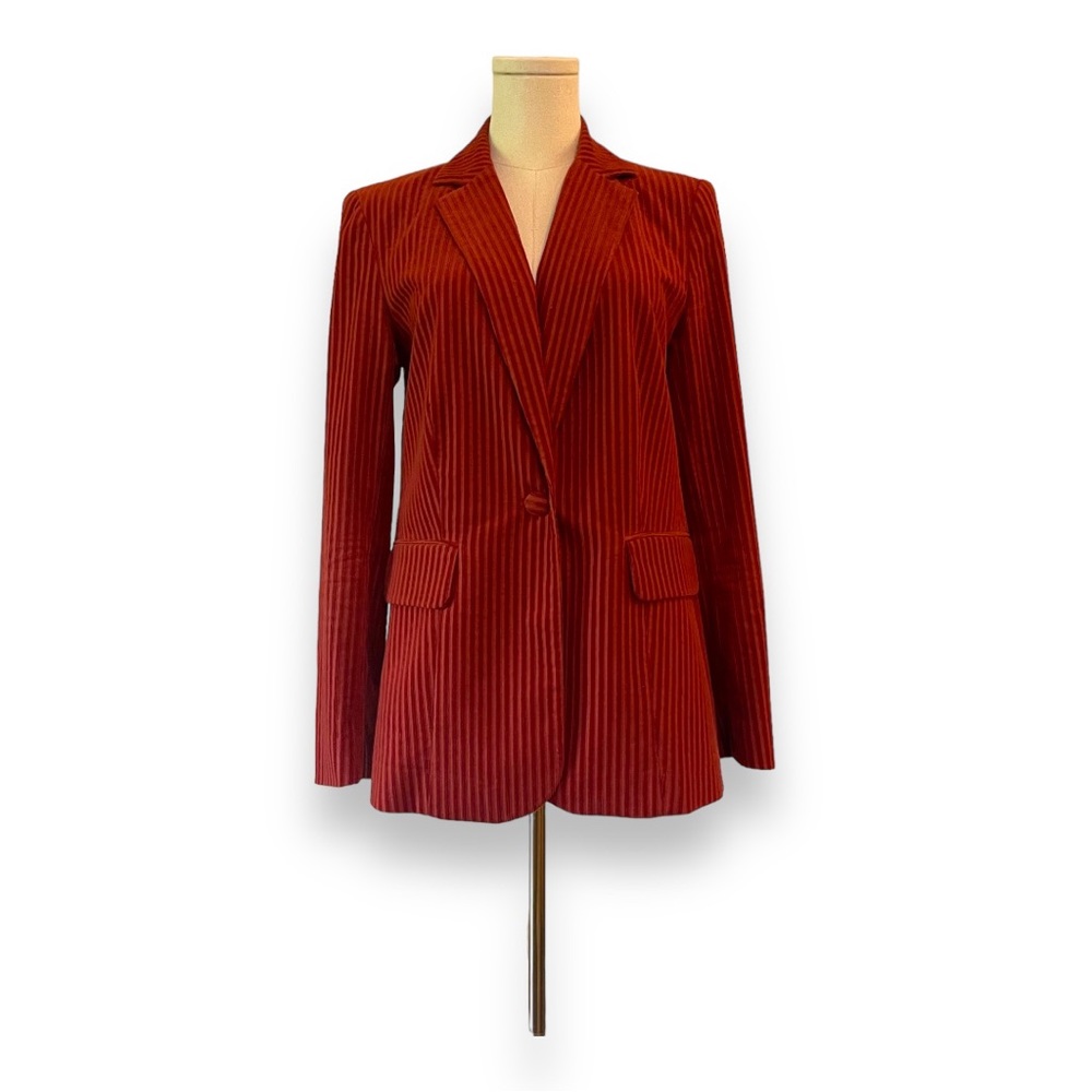 FRAME Fine Variegated Blazer in “Turkish Red” burnt orange striped corduroy.